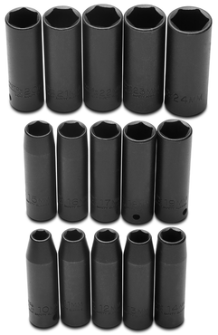 Proto® 1/2" Drive 15 Piece Impact Metric Thin Wall Socket Set - 6 Point - Caliber Tooling