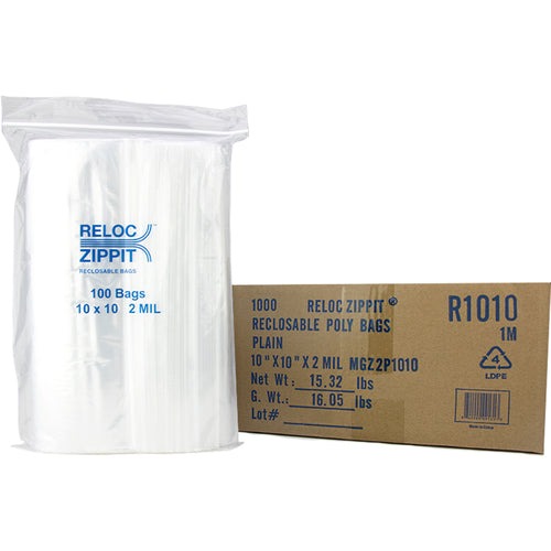 10″ × 10″ 2-MIL Clear Reloc Zippit Zipper Bags, Sold per Case of 1000 (10 boxes of 100 per case)