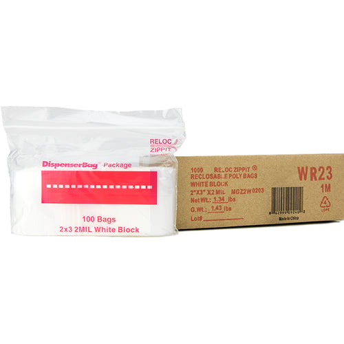 2″ × 3″ 2-MIL White Block Reloc Zippit Zipper Bags, Sold per Case of 1000 (10 boxes of 100 per case)