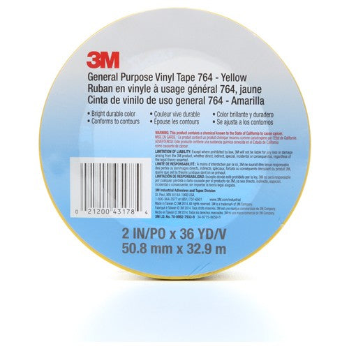 3M General Purpose Vinyl Tape 764 Yellow 2″ × 36 yd 5 mil Individually Wrapped Conveniently Packaged - Caliber Tooling